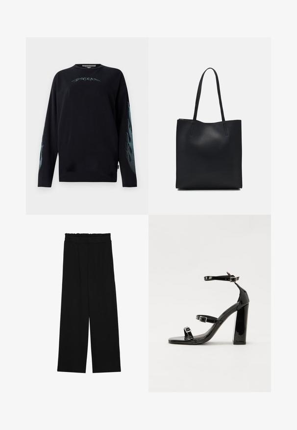 Black long-sleeve t-shirt in cotton, featuring blue flame graphics on sleeves and a small logo on the chest. Crew neck design.; Black wide-leg trousers with a ruffled waistband, featuring two side pockets and a smooth, lightweight fabric. No visible patterns or hardware.; Black patent heeled sandals with a square toe, ankle straps, and silver buckles. Features a chunky block heel for stability.; Black leather tote bag with smooth texture, rectangular shape, and two long handles. No visible hardware or embellishments.