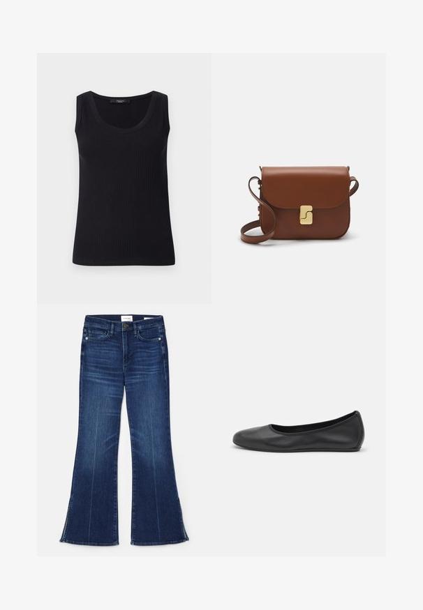 Black ribbed tank top with a rounded neckline, sleeveless design, and a fitted shape. Smooth texture and slight stretch.; Dark blue flared jeans made from denim. Features a high waist, front pockets, and slit details at the hem. Classic five-pocket design.; Black leather ballet flat with a rounded toe, smooth texture, minimal stitching detail, and a flexible sole design.; Brown leather handbag with a flap closure, gold-tone hardware, a shoulder strap, and a smooth texture. Compact rectangular shape.