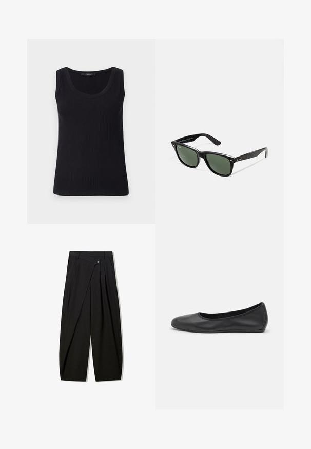 Débardeur noir à côtes avec un col arrondi, sans manches et une coupe ajustée. Texture lisse et légère élasticité.; Pantalon large noir en tissu lisse, doté de plis sur le devant, d'une fermeture à bouton et d'un design ajusté pour une silhouette structurée.; Ballerines en cuir noir avec un bout rond, texture lisse, détails de couture minimalistes et design de semelle flexible.; Lunettes de soleil en plastique noir avec verres verts, monture carrée, accent argenté sur le sourcil et branches texturées. Marque indiquée sur l'intérieur de la branche.; Sac à main en cuir marron avec une fermeture à rabat, des accents en métal doré, une bandoulière et une texture lisse. Forme rectangulaire compacte.
