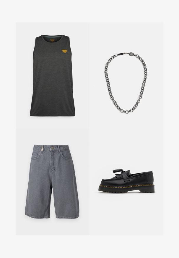 Canottiera sportiva senza maniche di un grigio scuro, realizzata in materiale testurizzato. Presenta un piccolo logo giallo nella parte superiore sinistra del petto.; Shorts in denim grigio con un fit rilassato, dotati di chiusura con bottone, cinque tasche e una texture leggermente sbiadita. Design classico e versatile.; Mocassino in pelle nera con un'accento a frange, dotato di una suola nera spessa e cuciture gialle lungo il bordo. Finitura testurizzata.; Collana in metallo con maglie allungate di un colore grigio scuro. Presenta un accento geometrico e una chiusura con dettaglio del marchio.