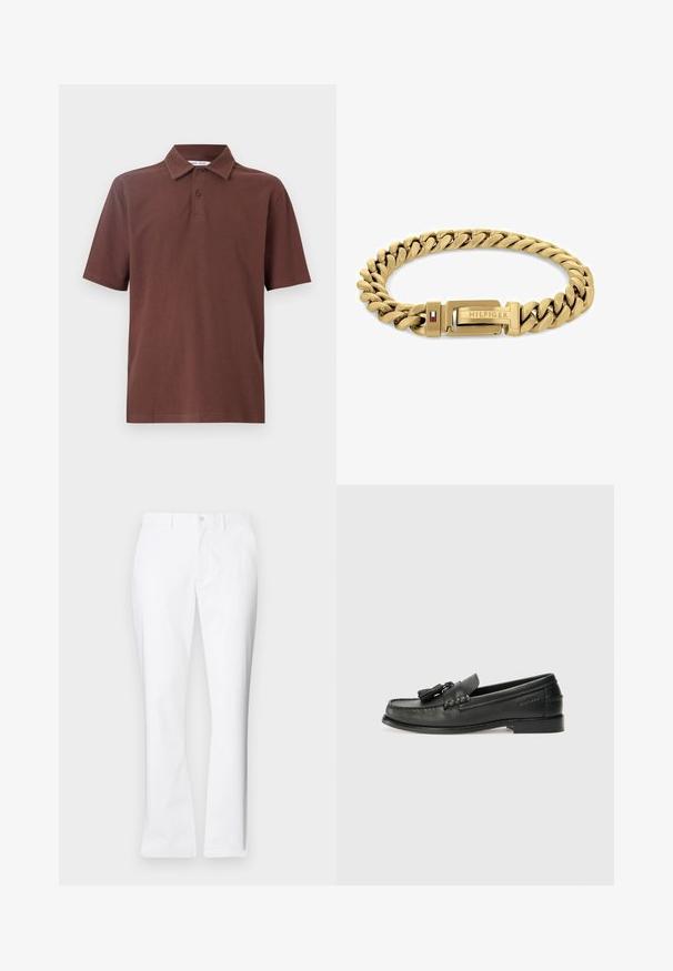 Hnědá polo košile vyrobená z prodyšné tkaniny, s klasickým límečkem a zapínáním na tři knoflíky, se subtílním logem na hrudi.; Černá košile s krátkým rukávem, vyrobená z prodyšné síťoviny, se stojáčkem a hnědými knoflíky vpředu, doplněná o jednobarevné akcenty.; Bílé bavlněné kalhoty s rovnými nohavicemi, předními kapsami, jednoduchým zapínáním na knoflík a hladkým povrchem.; Černé kožené mokasíny s kulatou špičkou, dekorativními třásněmi a prošívaným designem. Plochá podrážka s nenápadným brandingem na straně.; Zlatý náramek se propojenými články, s klipem s logem "HILFIGER" a červeným a modrým akcentem. Hladký, lesklý povrch.