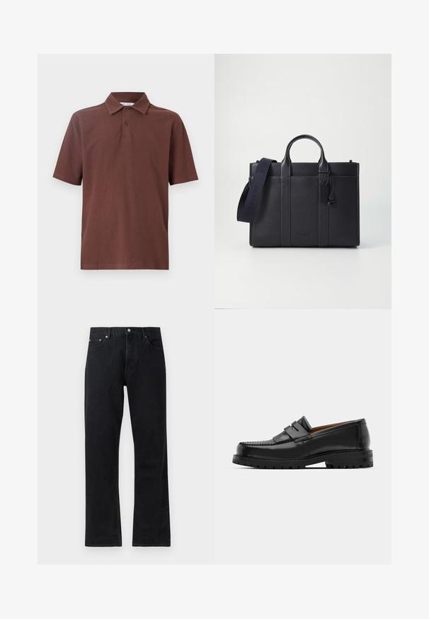 Rudas polo marškinėliai, pagaminti iš kvėpuojančios medžiagos, su klasikine apykakle ir trimis mygtukais, ant krūtinės yra subtilus logotipas.; Juodos džinsinės kelnės su tiesiomis kojomis, su mygtukų užsegimu, penkių kišenių stiliumi ir subtiliomis siuvimo detalėmis.; Juodi odiniai loafersai pasižymi pakelta siūle, dviem dekoratyviais dirželiais ant viršaus ir storu tekstūruotu padu, kad būtų užtikrintas didesnis sukibimas.; Tamsiai mėlynas odinis portfelis su dviem viršutinėmis rankenomis ir nuimamu diržu. Yra tekstūruotas paviršius, vertikalios siūlės ir logotipo detalė.
