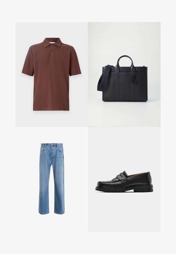 Pruun polo särk, mis on valmistatud hingavast kangast, koos klassikalise krae ja kolme nupuga nööbirea ning õrn logo rinnal.; Heledad sinine teksapüksid otse lõikega, viie taskuga, nupuga sulgemine, minimaalne kulumine ja kontrastsed õmbluse detailid.; Mustad mustad nahast kingad on varustatud tõstetud õmblusega, kahe dekoratiivse rihmaga peal, ja paksu tekstuuriga tallaga paremaks haardeks.; Tumedat mere nahkbriefcase kahekordsete ülemiste käepidemetega ja eemaldatava rihmaga. Omab tekstureeritud viimistlust, vertikaalset õmblust ja logodetaili.