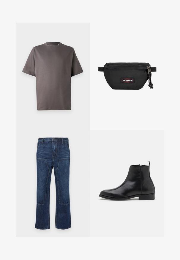 Czarna szara koszulka z krótkim rękawem i okrągłym dekoltem, uszyta z miękkiego materiału, o luźnym fasonie i bez widocznych wzorów lub akcentów.; Granatowe dżinsy o luźnym fasonie, z szerokimi nogawkami oraz kieszeniami naszytymi z przodu. Gładka struktura z minimalną ilością szwów.; Zign - Botki; Czarna nerka wykonana z trwałego materiału, z zamkiem błyskawicznym, regulowanym paskiem i czerwono-czarną naszywką z logo na przodzie.