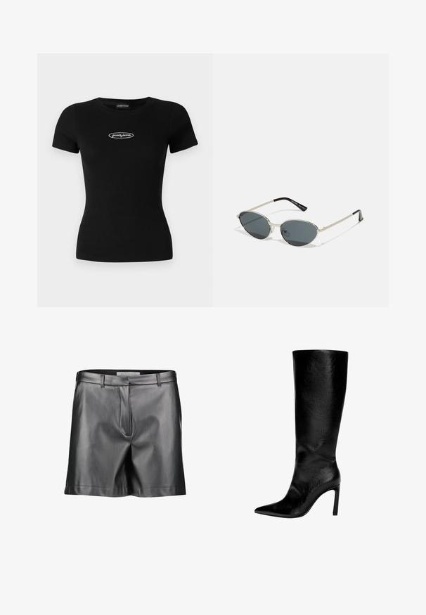 Fekete, rövid ujjú póló, testhez simuló fazonnal, bordázott anyaggal és fehér hímzett "guess jeans" logóval a mellrészen.; Fekete bőr rövidnadrág sima textúrával, szabott dizájnnal, övhurkokkal és elülső zsebekkel, egyenes szegéllyel és minimális varrás részletezéssel.; Térd fölé érő fekete bőrcipő, hegyes orral, magas csőrszerű talppal, sima felülettel és egyszerű, letisztult dizájnnal, díszítések nélkül.; Fém napszemüveg ovális sötét lencsékkel és ezüst kerettel. Vékony szárakkal rendelkezik, fekete részletekkel és átlátszó orrtámaszokkal.; Fehér bőr kézitáska ívelt formával, ezüst háromszög logóval és zipzáras záródással. Simább szerkezet és dupla fogantyú.