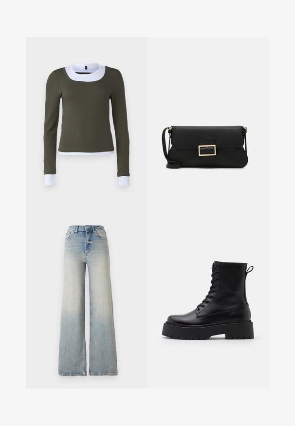 Dlouhý rukáv top v olivově zelené ribované tkanině s bílým kulatým límečkem a doplňky na manžetách, s přiléhavým střihem a bezešvou konstrukcí.; Světle modré široké džínsy vyrobené z denimu, s vysokým pasem, pěti kapsami a viditelným švem podél švů.; Černé kožené kotníkové boty s kulatou špičkou, šněrováním na přední straně a silnou gumovou podešví s texturovaným vzorkem. S poutkem vzadu.; Černá kožená psaníčko s klopou a zlatým kovovým detailním sponou. Součástí je černý popruh a elegantní, minimalistický design.; Zlaté kruhové náušnice, tenké a kulaté, s hladkým kovovým povrchem a bez zdobení či vzorů.