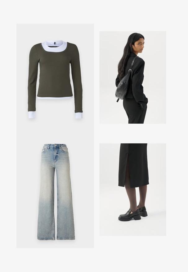 Długi rękaw top w oliwkowym, prążkowanym materiale z białym okrągłym kołnierzykiem i akcentami mankietów, o dopasowanym kroju i bezszwowej konstrukcji.; Jasnoniebieskie dżinsy o szerokich nogawkach, wykonane z denimu, z wysokim stanem, pięcioma kieszeniami i widocznym przeszyciem wzdłuż szwów.; Czarne skórzane buty z okrągłym noskiem, grubym blokowym obcasem i elastycznymi akcentami po bokach, zestawione z ciemnymi rajstopami i czarną spódnicą z rozcięciem.; Kobieta z długimi ciemnymi włosami, ubrana w czarny garnitur, trzymająca czarną skórzaną torbę na ramię, spoglądająca przez ramię na białym tle.