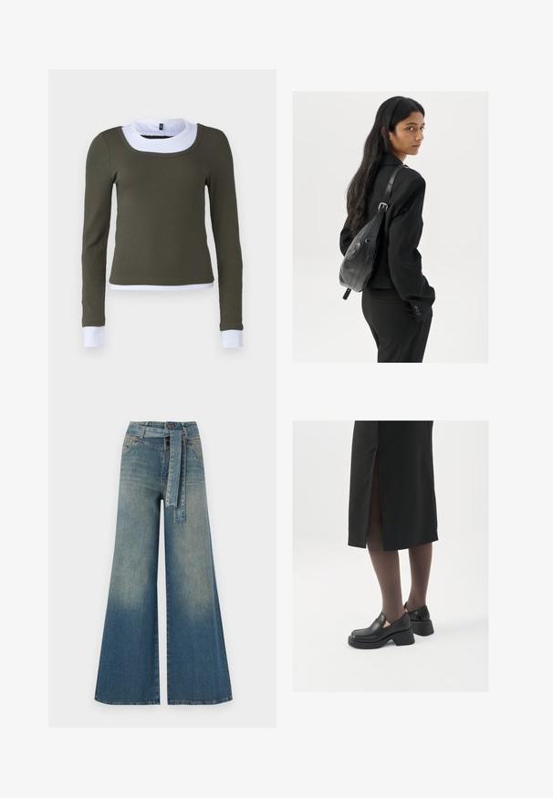 Ilgstoša piedurkņu krekls olīvu zaļā ribota auduma ar baltu noapaļotu apakšējo daļu un aproču akcentiem, ar pieguļošu dizainu un bezšuvju konstruktīvi.; Platām kājām džinsu bikses ar gaismas līdz tumši zilam gradientam, augstu jostas līniju, jostas cilpām un atbilstošu auduma jostu. Tekstūrēts džinsas apdare.; Melni ādas apavi ar noapaļotu purngalu, biezām bloku papēžiem un elastīgiem sānu akcentiem, apvienoti ar tumšām zeķubiksēm un melnu svārku ar šķirbu.; Sieviete ar garām tumšām matiem, ģērbusies melnā uzvalkā, nēsā melnu ādas plecu somu un skatās pāri plecam uz balta fona.