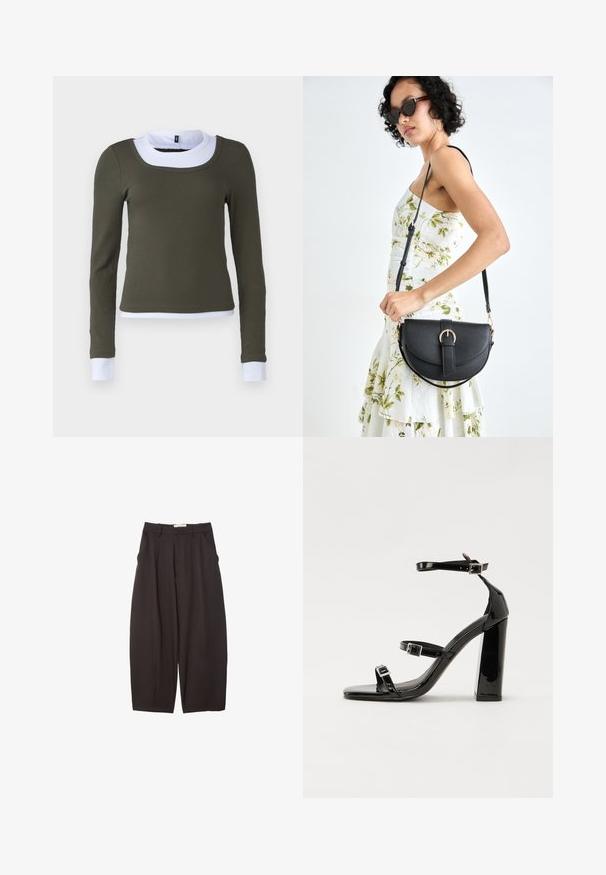 Maglia a maniche lunghe in tessuto a costine verde oliva con colletto rotondo bianco e dettagli sui polsini, caratterizzata da un design aderente e una costruzione senza cuciture.; Pantaloni neri a gamba larga realizzati in un tessuto morbido, con vita alta, pieghe frontali e tasche laterali. Design semplice senza decorazioni.; Sandali con tacco in vernice nera, con punta squadrata, cinturini alla caviglia e fibbie in argento. Presentano un tacco a blocco spesso per maggiore stabilità.; Borsa a tracolla nera in pelle con una forma curva, manico rimovibile e accessori dorati. La borsa presenta una patta con un dettaglio a fibbia.