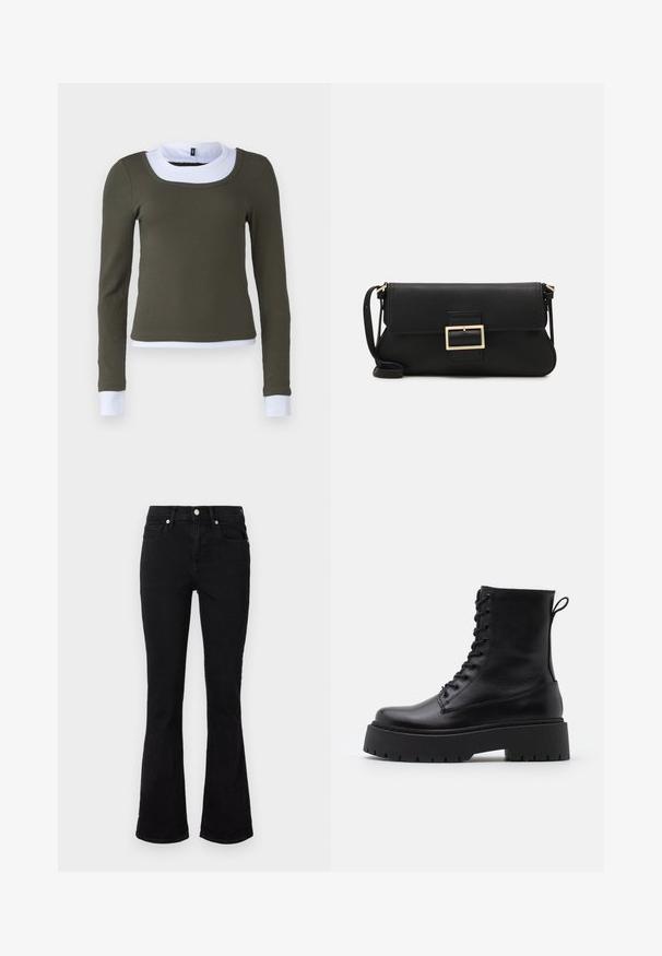 Langärmliges Oberteil aus olivgrünem Rippstoff mit weißem, rundem Kragen und Akzenten an den Bündchen, das eine figurbetonte Passform und nahtlose Verarbeitung aufweist.; Schwarze Schlagjeans aus Denim, mit einem mittelhohen Bund, Fronttaschen und Knopfverschluss. Glatte Textur mit minimalen Nähten.; Schwarze Lederstiefeletten mit runder Zehenpartie, Schnürung vorne und einer dicken Gummisohle mit strukturiertem Profil. Mit Zugschlaufe an der Rückseite.; Schwarze Leder-Clutch mit Klappe und goldfarbenem Metallschnallen-Detail. Enthält einen schwarzen Riemen und ein schlankes, minimalistisches Design.