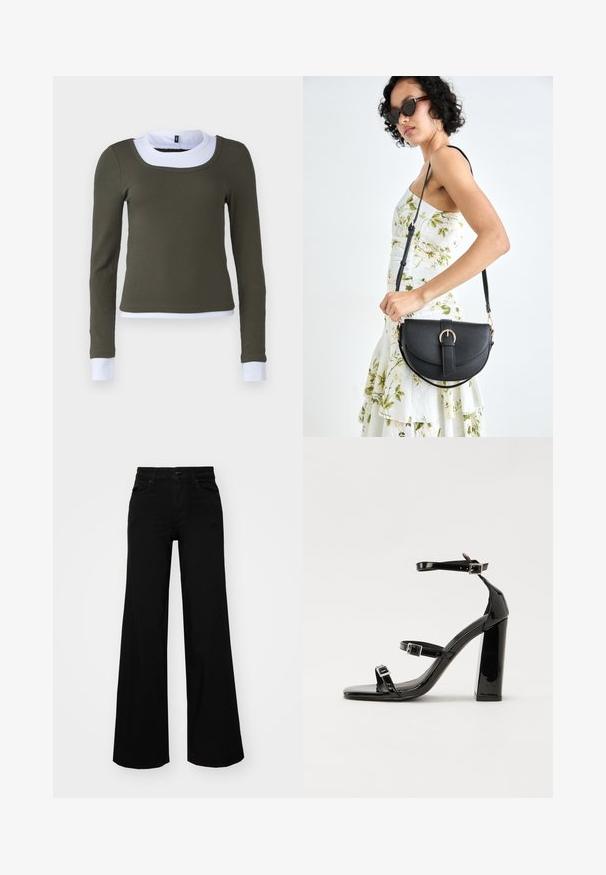 Long-sleeve top in olive green ribbed fabric with a white rounded collar and cuff accents, featuring a fitted design and seamless construction.; Black wide-leg pants made of denim, featuring a structured waistband, belt loops, and front pockets. Smooth texture with a classic design.; Black patent heeled sandals with a square toe, ankle straps, and silver buckles. Features a chunky block heel for stability.; Black leather handbag with a curved shape, detachable strap, and gold hardware. The bag features a flap with a buckle detail.