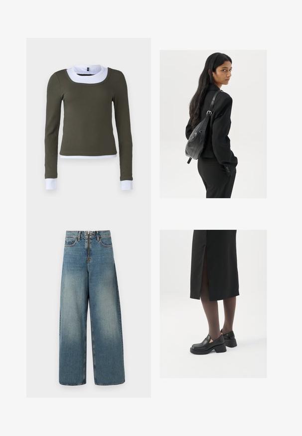 Langsleeve top in olijfgroen ribgebreide stof met een witte ronde kraag en manchetten, met een getailleerd ontwerp en naadloze constructie.; Wijduitlopende denim jeans in een lichte blauwwas. Voorzien van een ritssluiting met knoopsluiting en subtiele vervaging voor een versleten uitstraling.; Zwarte leren schoenen met een ronde neus, dikke blokhak en elastische zijkanten, gecombineerd met donkere panty's en een zwarte rok met een split.; Vrouw met lang donker haar in een zwart pak, met een zwart leren schoudertas, die over haar schouder kijkt tegen een witte achtergrond.