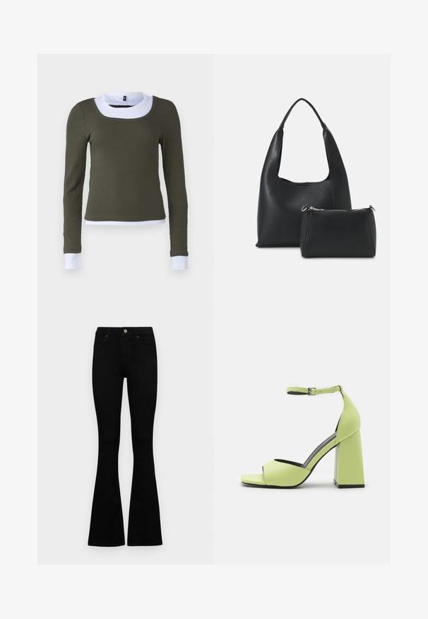 Dlhý rukáv top v olivovo zelenej rebrovanej tkanine s bielym okrúhlym golierom a akcentmi na manžetách, so štíhlym strihom a bezšvovou konštrukciou.; Čierne vysoké nohavice s gombíkom a zipsom, predné vrecká a rozšírené nohavice položené na bielom pozadí.; Even&Odd Sandále na vysokom opätku - light green; Even&Odd Kabelka - black