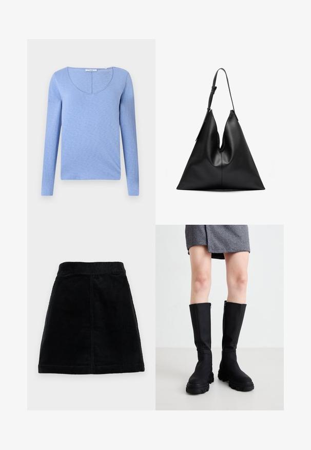 Lichtblauw langwerpig shirt met een V-halslijn, gemaakt van zachte, gestructureerde stof, met een naad langs de halslijn en een rechte onderzoom.; Zwarte corduroy rok met een aansluitende taille, rechte snit en textiel met verticale ribbels. Geen zichtbare sluitingen of versieringen.; Zwarte kniehoge laarzen met een gladde afwerking, stevige zolen en een subtiele rits aan de zijkant. Stijlvol gecombineerd met een grijze visgraatrok.; Zwarte leren driehoekige handtas met een enkele verstelbare schouderriem en een zachte, iets slappe structuur.; Zilveren druppeloorbellen met afgeronde accenten, weergegeven tegen een model dat een witte ribbed mouwloze top draagt, die een gladde textuur laat zien.