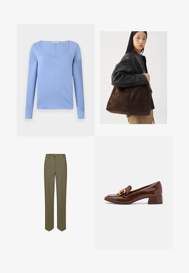 Light blue long-sleeve top with a V-neckline, made from soft textured fabric, featuring a seam along the neckline and a straight bottom hem.; Olive green tailored trousers with a straight leg, single button closure, and two front pleats, featuring a smooth, woven texture.; Brown leather loafers with a glossy finish, featuring a decorative gold buckle on the front and a low block heel. Classic design.; Brown suede tote bag with a wide shape and soft texture, featuring a single strap and minimal hardware against a neutral backdrop.