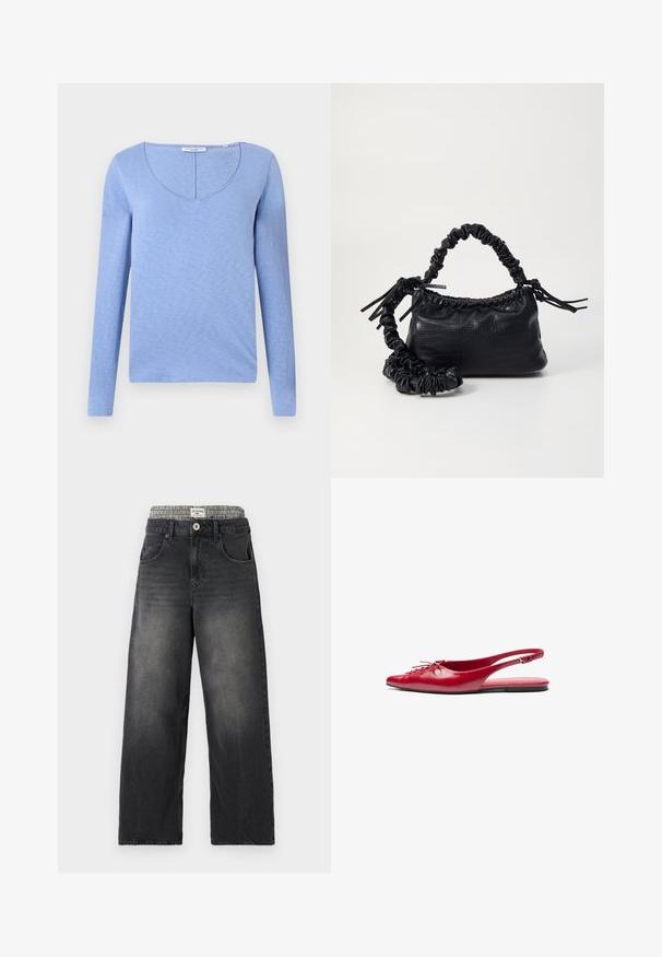 Lyseblå langermet topp med V-hals, laget av myk teksturert stoff, med en søm langs halslinjen og en rett nedre kant.; Sorte denim bukser med vide ben og et houndstooth-mønstret taljebånd. Funktioner inkluderer forlommer og knappelukning. Slidt tekstur.; Rød lær slingback leplesko med spiss tå og dekorativ snøring foran, med en smal ankelrem og flat såle.; Svart faux skinn-håndveske med krokodilletekstur, strammet topp og en rynket stropp. Ser myk og kompakt ut i designen.