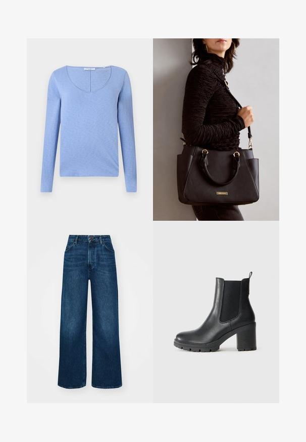 Světle modrý dlouhý rukáv top s V výstřihem, vyrobený z měkké strukturované tkaniny, s švem podél výstřihu a rovného spodního lemu.; Džíny s vysokým pasem a širokými nohavicemi v tmavě modré denimové barvě s hladkou texturou, kontrastním šitím a designem se pěti kapsami. Zapínání na přední knoflík.; Černá kožená kotníková obuv s elastickými bočními panely, masivní gumovou podrážkou a vysokým blokovým podpatkem. Obsahuje poutko na zadní straně.; Černá kabelka s texturovaným povrchem, dvojitými horními uchy a nastavitelným ramenním popruhem. Obsahuje zlaté kovové prvky a boční kapsy.