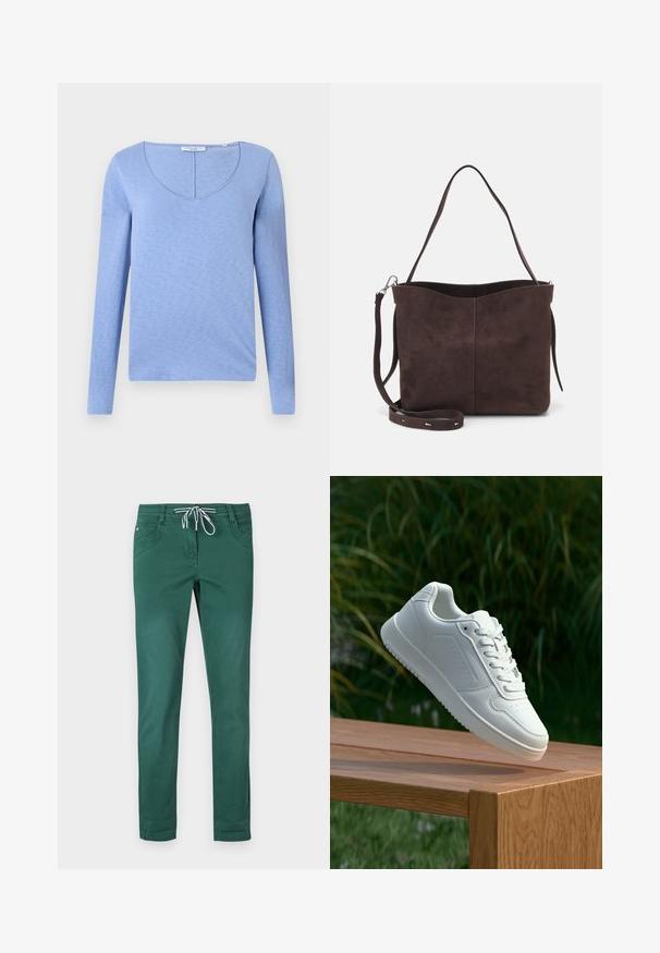 Svijetloplava majica dugih rukava s V-izrezom, izrađena od mekog teksturiranog materijala, s šavom duž izreza i ravnim donjim rubom.; Zelene hlače od pamučne mješavine s ravnim krojem, elastična traka s uzicom u struku i dva prednja dzepa. Glatka tekstura i bez uzoraka.; Bijela tenisica sa glatkim sintetičkim gornjim dijelom, perforiranim prednjim dijelom, ravnim vezicama i teksturiranom potplatom, prikazana na drvenoj površini.; Smeđa suđena torba s mekanom teksturom, s jednim remenom za rame i suptilno zakrivljenim gornjim otvorom. Nema vidljivih dijelova od hardvera.