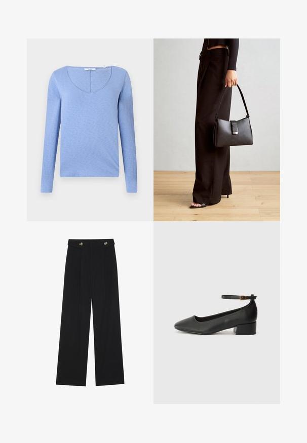 Ljusblå långärmad topp med V-ringning, tillverkad av mjukt texturerat tyg, med en söm längs halsringningen och en rak nederkant.; Svarta vida byxor med hög midja, knäppdetaljer i midjan och framfickor.; Svart läderpump med spetsig tå och en låg klack. Har en ankelsnodd med en guldtonad spänne. Slät textur.; Svart handväska med strukturerad form, slät yta och metallspänne. Matchad med vida svarta byxor och sandaler med öppen tå på trägolv.