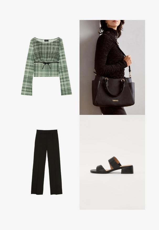 Grünes kariertes Crop-Top mit langen Ärmeln, das über einen gerafften Ausschnitt und eine schwarze Schleifenakzent an der Taille verfügt. Hergestellt aus leichtem Material.; Schwarze weit geschnittene Hosen aus glattem Stoff, ausgestattet mit einem taillierten Bund und dezenten vorderen Falten für zusätzliche Struktur.; Schwarze Ledersandale mit zwei breiten Riemen über dem Fuß, einer quadratischen Zehenpartie und einem niedrigen Blockabsatz. Glatte Textur und minimalistisches Design.; Schwarze Handtasche mit strukturierten Oberflächen, doppelten Obergriffen und verstellbarem Schultergurt. Mit goldfarbener Hardware und Seitentaschen.