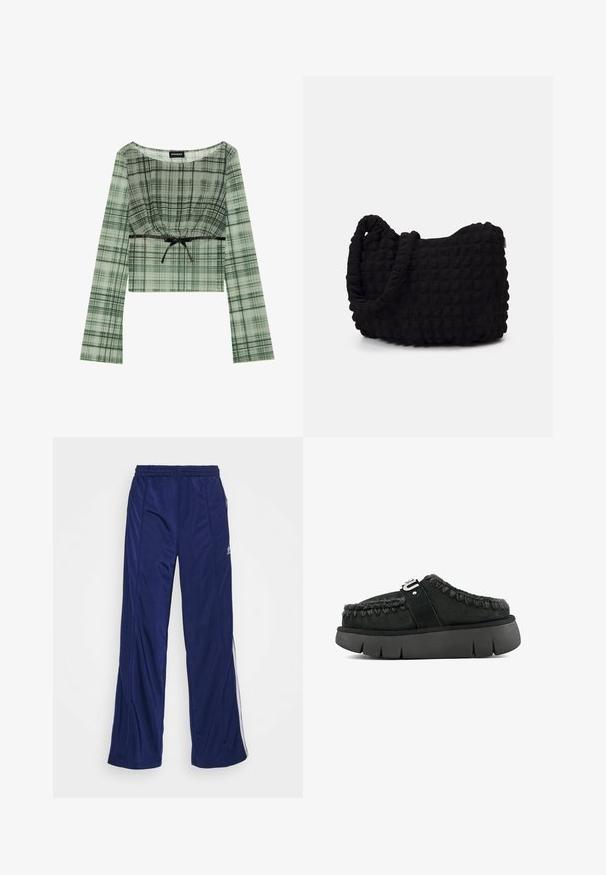 Zeleni karirani kratki top s dugim rukavima, koji ima naglašen dekolte i crnu mašnu oko struka. Izrađen od lagane tkanine.; Morske atletske hlače s elastičnim pojasom, ravnim nogavicama i bočnim municijama. Sadrže bijeli rub duž strana. Glatka tekstura tkanine.; Crne suède cipele na sklizak s krznim obrubom, pletenim šavovima i debelim crnim potplatima. Imaju brendiranu traku preko gornjeg dijela.; Crna platnena torba s teksturiranim, kviltanim uzorkom. Okrugli oblik, kratke, debele ručke i meka, fleksibilna struktura.