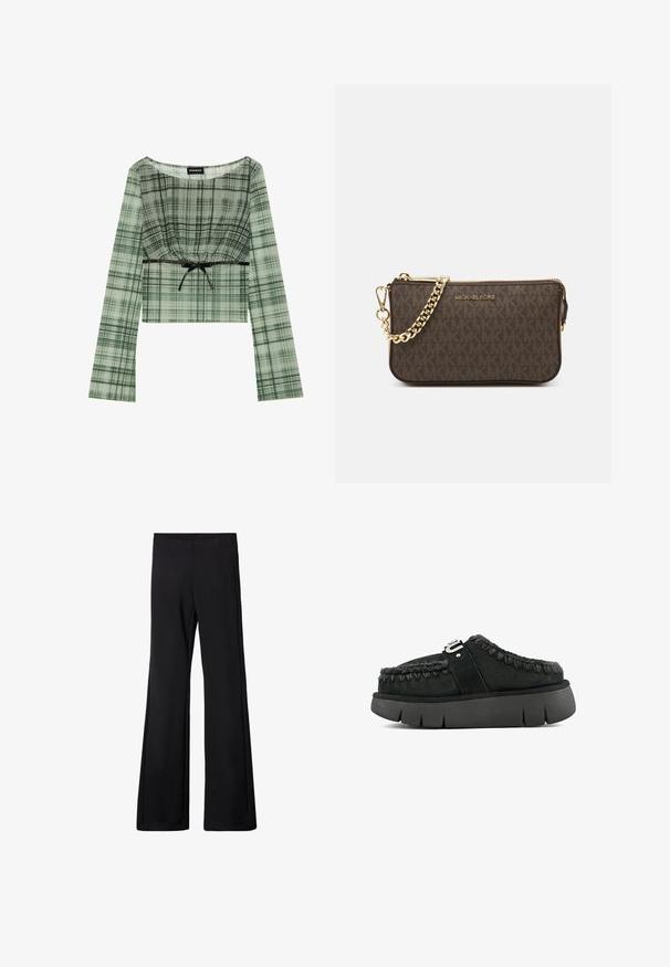 Grünes kariertes Crop-Top mit langen Ärmeln, das über einen gerafften Ausschnitt und eine schwarze Schleifenakzent an der Taille verfügt. Hergestellt aus leichtem Material.; Schwarze, ausgestellt geschnittene Hose mit einem elastischen Bund, hergestellt aus einem weichen, dehnbaren Stoff. Sie hat eine glatte Oberfläche und keine sichtbaren Muster oder Beschläge.; Schwarze Wildleder-Mokassins mit Fellbesatz, geflochtenen Nähten und einer kräftigen schwarzen Sohle. Mit einem markierten Riemen über dem Obermaterial.; Braune Leder-Crossbody-Tasche mit Logo-Muster, goldener Kettenriemen, Reißverschlussverschluss und goldenen Hardware-Details. Kompakte und rechteckige Form.