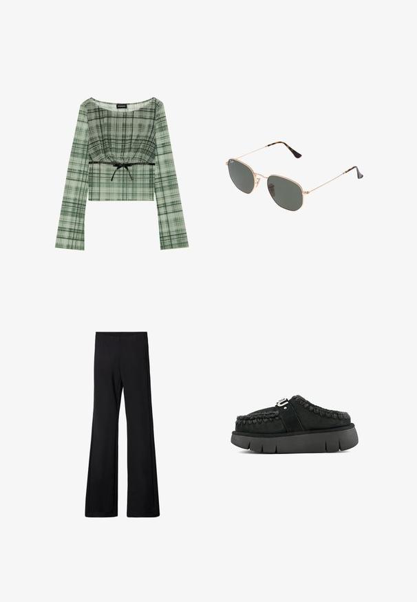 Groen geruit crop top met lange mouwen, met een geplooide halslijn en een zwarte strikaccent in de taille. Gemaakt van lichtgewicht stof.; Zwarte flared broek met een elastische tailleband, gemaakt van een zachte, rekbare stof, met een gladde textuur en zonder zichtbare patronen of hardware.; Zwarte suede instapschoen met bontafwerking, gevlochten stiksels en een chunky zwarte zool. Voorzien van een gebrandmerkte band over de bovenkant.; Gouden metalen zonnebril met donkergroene lenzen, aviator-stijl, met slanke scharnieren en schildpad-accenten op de uiteinden.