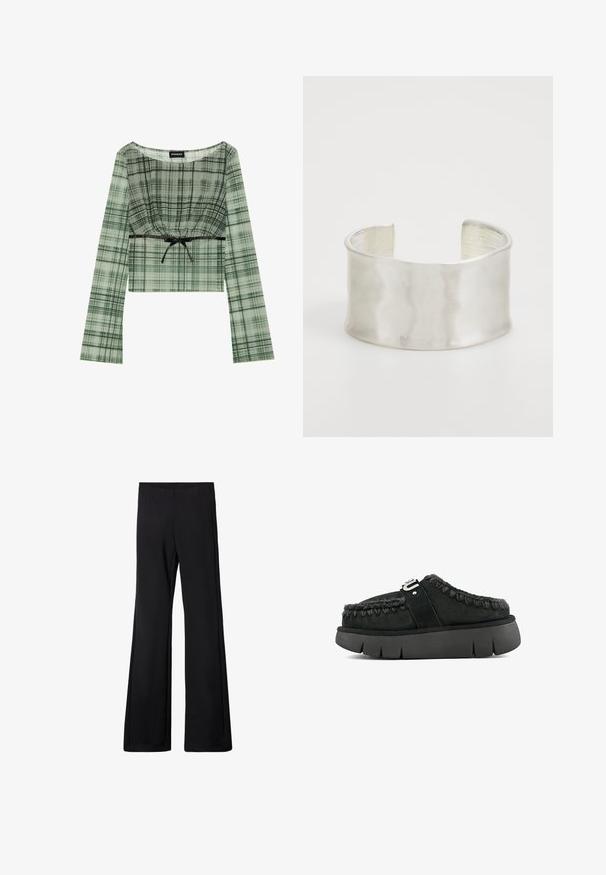 Grünes kariertes Crop-Top mit langen Ärmeln, das über einen gerafften Ausschnitt und eine schwarze Schleifenakzent an der Taille verfügt. Hergestellt aus leichtem Material.; Schwarze, ausgestellt geschnittene Hose mit einem elastischen Bund, hergestellt aus einem weichen, dehnbaren Stoff. Sie hat eine glatte Oberfläche und keine sichtbaren Muster oder Beschläge.; Schwarze Wildleder-Mokassins mit Fellbesatz, geflochtenen Nähten und einer kräftigen schwarzen Sohle. Mit einem markierten Riemen über dem Obermaterial.; Zign Armband - silver-coloured