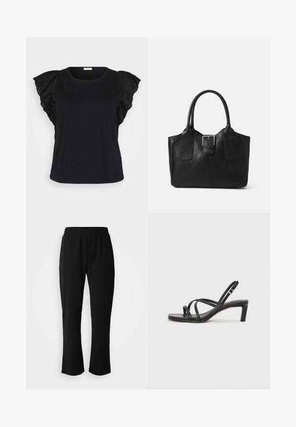 Top negru cu mânecă scurtă, prezentând manșete detaliate cu volane și broderie cu ochiuri, oferind un look stilat și elegant.; ONLY Carmakoma CARLAMA STRAIGHT - Pantaloni - black; Sandal cu barete negre, cu vârf pătrat și toc mic de bloc. Prezintă mai multe barete subțiri și o bareta ajustabilă la gleznă. Fabricat din piele netedă.; Geantă tote din piele neagră cu textură netedă, formă structurată, două mânere și un detaliu proeminent din aliaj de argint pe partea din față.