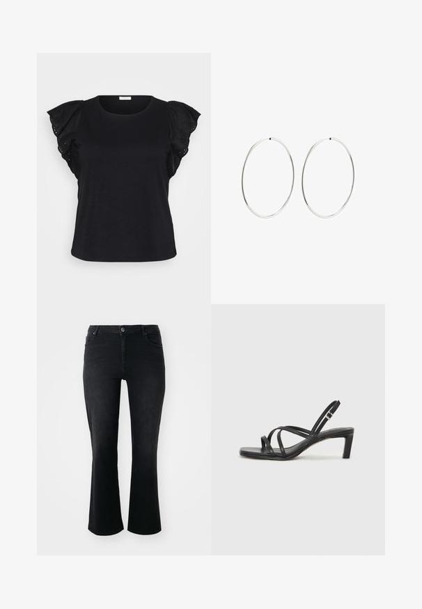 Musta lyhythihainen paita, jossa on yksityiskohtaiset röyhelöhihat, joissa on silmänreikäkirjontaa, tarjoten tyylikkään ja elegantin ilmeen.; Musta farkkuhousut, joissa on keski-korkea vyötärö, etupainike, kaksi etutaskua, kaksi takataskua ja leveä lahkeensuu.; Mustat hihnalligat, joissa on neliön muotoinen kärki ja matala lohkokorko. Ominaisuuksiin kuuluu useita ohuita hihnoja ja säädettävä nilkkahihna. Valmistettu sileästä nahasta.; Hope hopeita hopeita, joissa on sileä, pyöreä muoto ja kiiltävä pinta. Ne ovat ohuita ja kevyitä, ja niissä on yksinkertainen lukitus.