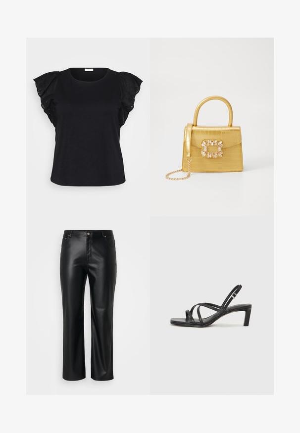 Melna T-kreklu ar īsām piedurknēm, kas rotāta ar izsmalcinātām frillēm un acs izšuvumiem, nodrošinot stilīgu un elegantu izskatu.; Melnas mākslīgās ādas bikses ar taisnu griezumu, ar jostas cilpām, priekšpogu kabatām un rāvējslēdzēju ar pogu aizdari. Gluda tekstūra.; Melnas strappy sandales ar kvadrātveida purngaliem un zemu bloku papēdi. Ievērojamas ar vairākiem plāniem siksniņām un regulējamu potītes siksniņu. Izgatavotas no gludas ādas.; Dzeltena mākslīgā krokodila roku soma ar strukturētu dizainu, augšējo rokturi, noņemamu ķēdes siksniņu un dekoratīvām kristāla rotājumiem aizdares daļā.