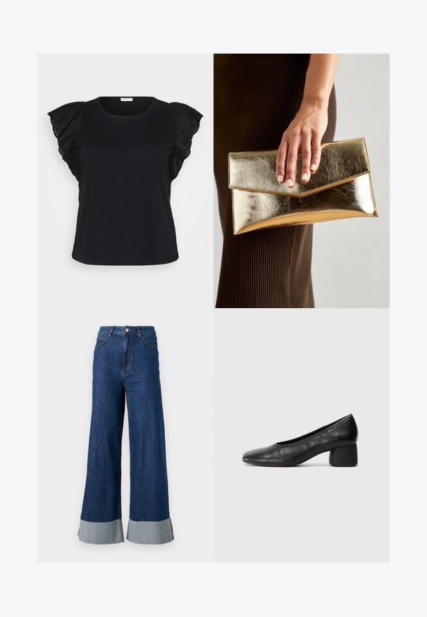 Čierny krátky rukáv top s podrobnými volánovými rukávmi s vyšívanými očkami, ktorý ponúka štýlový a elegantný vzhľad.; Džíny s širokými nohavicami a tmavomodrým umývaním, s kontrastným svetlomodrým manžetom a klasickým dizajnom s piatimi vreckami.; Čierne kožené lodičky s okrúhlou špičkou a stredne blokovým podpätkom. Hladká textúra s minimálnymi detailami, so subtílnym elastickým otvorom.; Zlatá metalická kabelka cez plece s hladkým povrchom, ktorá má trojuholníkové uzavretie. Ruka ju drží a má starostlivo upravené nechty.; Strieborná kruhová náušnica s lesklým povrchom, obsahujúca malé zlaté akcenty a okrúhly tvar, nosená na lalôčiku ucha.