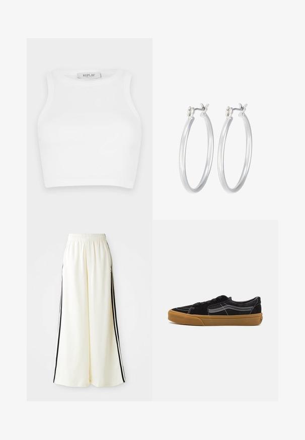 White ribbed crop top featuring a round neckline and sleeveless design. Label reads "REPLAY" near the neckline. Smooth texture throughout.; White wide-leg pants with elastic waistband and black vertical stripes along outer seams.; Black suede sneakers with white stitching and signature side stripe, featuring a tan rubber sole and low-top design. Laced with black shoelaces.; Silver hoop earrings with a smooth, polished finish. Round shape and secure click-top closure. Lightweight design suitable for everyday wear.