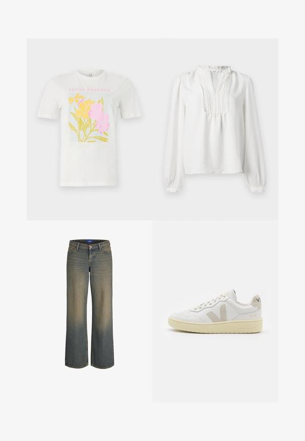 Tricou alb din bumbac cu un imprimat floral colorat, având flori galbene și roz, text încadrat "PETAL PERFECT" în roz, pe un fundal de un albastru deschis.; Bluză albă cu mâneci lungi, cu guler ondulat, detaliu pliat pe față și manșete elasticizate. Material moale cu o finisare ușor texturată.; Jeans din denim albastru cu picioare largi, cu un gradient de la deschis la închis, design cu cinci buzunare și sistem de închidere cu buton. Detalii cusute pe margini.; Pantofii sport din piele albă cu accente din suede bej, cutie pentru degete perforată, șireturi plate și o talpă texturată de crem. Prezintă branding subtil pe călcâi.
