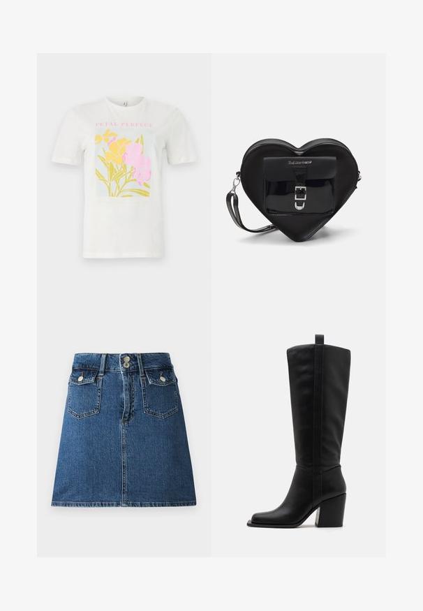 Valge puuvillane T-särk, millel on värvikas lilletrükk kollaste ja roosade lilledega, raamitud tekstiga "PETAL PERFECT" roosas, helesinise tausta peal.; Sügavsinine teksaseelik, millel on sobiv vöökoht, kaks esikotti, kaks tagakotti ja hõbedatooni nööbid.; Mustad mustekat kummikud, millel on ruudukujuline varvas, kitsenev konts ja vertikaalne õmbluse detail välispuudel. Sile tekstuur.; Mustast südamekujulise kotiga, mis on valmistatud lakitud nahast. Ees on tasku, millel on klambri sulgemine ja eemaldatav rihm. Hõbedased detailid.