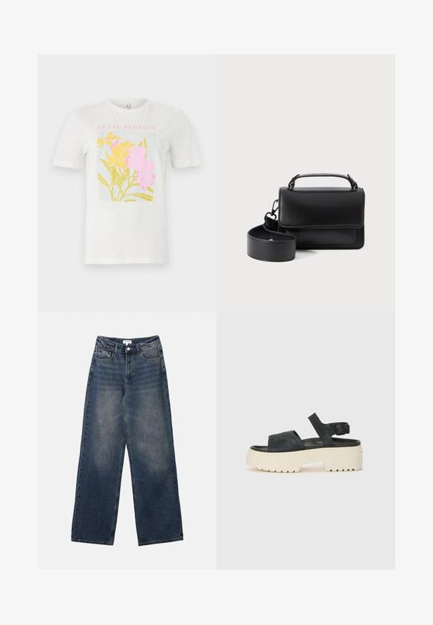 Fehér pamut póló színes virágmintával, amely sárga és rózsaszín virágokat tartalmaz, keretezett szöveggel: "PETAL PERFECT" rózsaszín színben, világos kék háttéren.; Férfi, magas derekú, kék farmernadrág széles lábakkal, elülső gombbal és cipzárral, valamint elülső és hátsó zsebekkel.; Fekete velúr platform szandálok tömör fehér talppal, széles elülső pánttal és állítható bokapánttal. Textúrált talp a jó tapadásért.; Fekete bőr kézitáska, felső fogantyúval és levehető pánttal, téglalap alakú, minimalista dizájnnal, látható hardver díszítések nélkül.