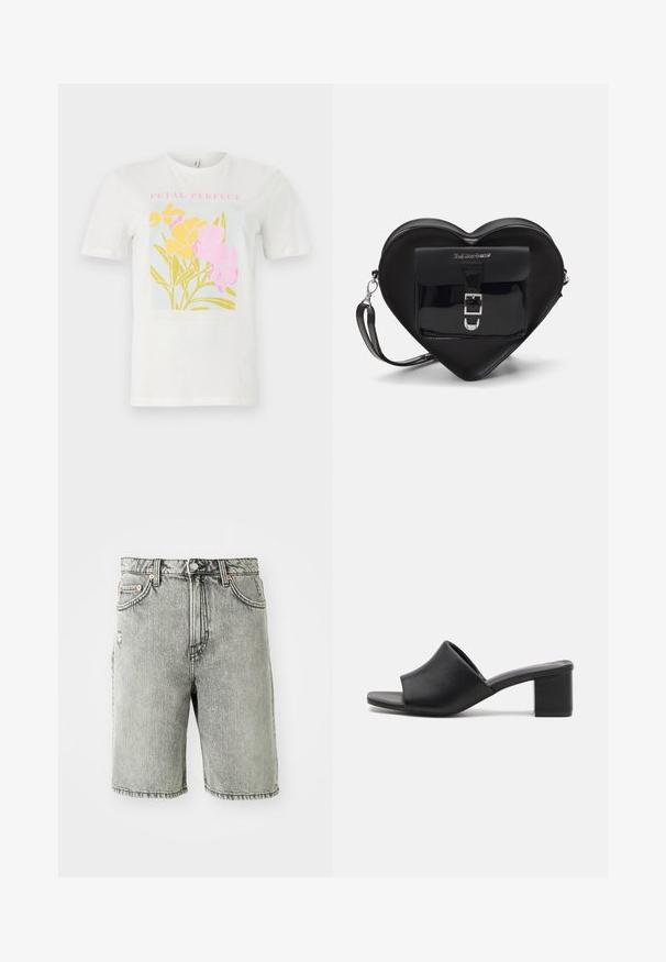 Fehér pamut póló színes virágmintával, amely sárga és rózsaszín virágokat tartalmaz, keretezett szöveggel: "PETAL PERFECT" rózsaszín színben, világos kék háttéren.; Szürke farmer rövidnadrág, klasszikus öt zsebes dizájnnal, kopott hatással, és varrott részletekkel az alján és a derékpántnál.; Fekete bőr, tömbsarkú mules nyitott orral, sima felülettel és enyhén ívelt felső résszel a kényelem és a stílus érdekében.; Fekete szív alakú táska lakkbőrből, elülső zsebbel, csattal záródik és levehető pánttal rendelkezik. Ezüst színű kiegészítők.