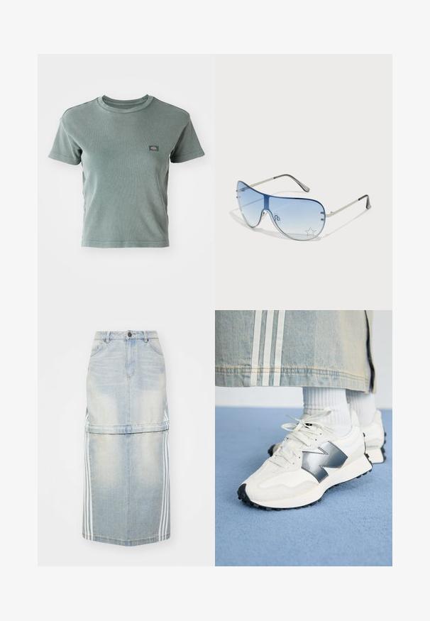 Pletena majica s kratkimi rokavi v svetlo zeleni barvi, z okroglo ovratnico in malim logotipom na prsih. Mehka, teksturirana tkanina.; Denim midi krilo v svetlo modri barvi, z bočnimi črtami, prilegajočim se pasom in sprednjimi žepi. Ustvarjen je z obrabljenim videzom, ki dodaja podrobnosti.; Bele športne superge z srebrnim akcentom, teksturirano blago in gladko usnje; z črnim gumijastim podplatom in vezalkami.; Pilotne sončne očala z gradijentnimi modrimi lečami, srebrnim kovinskim okvirjem in okrasnimi zvezdastimi detajli na lečah. Gladek in eleganten dizajn.