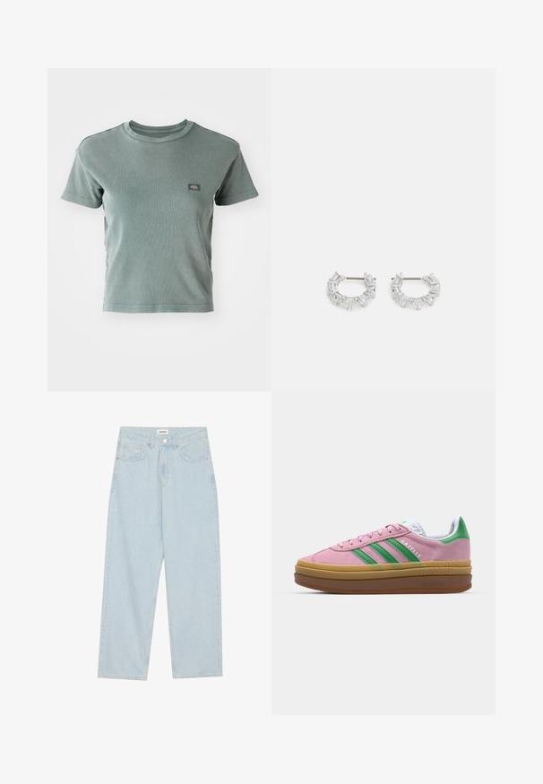 Rebrasti, majica kratkih rukava u svijetlozelenoj boji, s okruglim izrezom i malom logotipom na prsima. Mekana, teksturirana tkanina.; Svijetloplave široke traperice s srednjim strukom, pet džepova i zatvaranjem na gumba s uskim metalnim detaljem.; Roze suede tenisice s zelenim trakama, bijelim detaljima i smešnim gumiranim potplatima. Imaju teksturirani materijal i logo detalje sa strane.; Srebrne naušnice s okruglom petljom koje sadrže prozirne, pravokutne i trokutaste kristale raspoređene u uzorak. Kopče za sigurno pričvršćivanje.