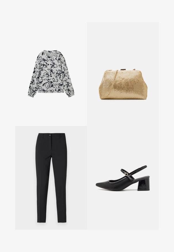 Grauer Langarm-Sweatshirt mit navyblauem Blumenmuster, rundem Ausschnitt und gerafften Bündchen. Hergestellt aus einem weichen, strukturierten Stoff.; Schwarz enganliegende Hosen aus glattem Material, mit einem klassischen Bund, Reißverschluss vorne und seitlichen Taschen in einem eleganten, maßgeschneiderten Design.; Schwarze Lackleder-Slingback-Absätze mit spitzer Zehenform, einem runden Ausschnitt-Design und einem Blockabsatz. Mit einem goldfarbenen Schnallenakzent.; Goldene metallische Netzhandtasche mit strukturierter Form, Kettenriemen und Klappenverschluss. Verfügt über eine glatte, reflective Textur und abgerundete Kanten.