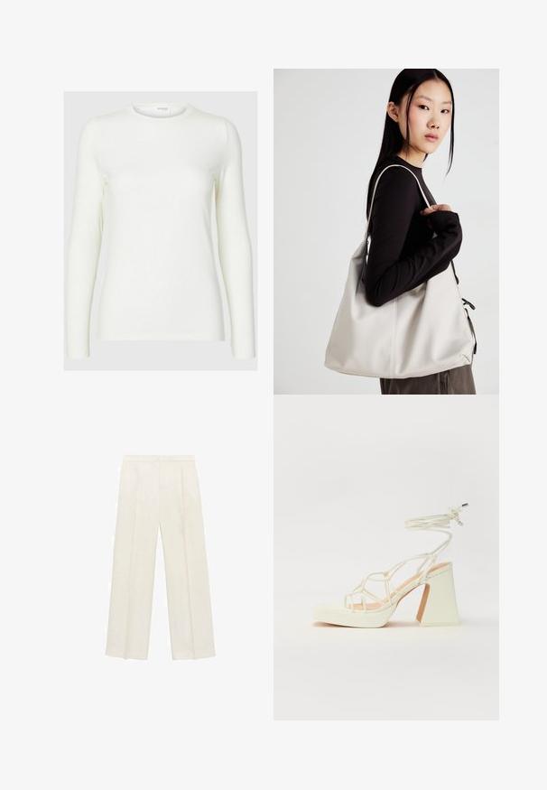 Langarmige witte top van zachte stof met een ronde halslijn, met een gladde textuur en getailleerde silhouet. Geen zichtbare patronen of accenten.; Wijdgevallen broeken in een lichtcrème kleur. Gemaakt van een zachte stof met plooien aan de voorkant en zijzakken.; Witte hoge hakken sandaal met een chunky hak, met een bandjesontwerp en enkelband. Gladde textuur met een plateau voor extra hoogte.; Beige handtas gemaakt van zacht materiaal, met een slonzig ontwerp, gestikte details en twee schouderbanden. Geschikt voor dagelijks gebruik.