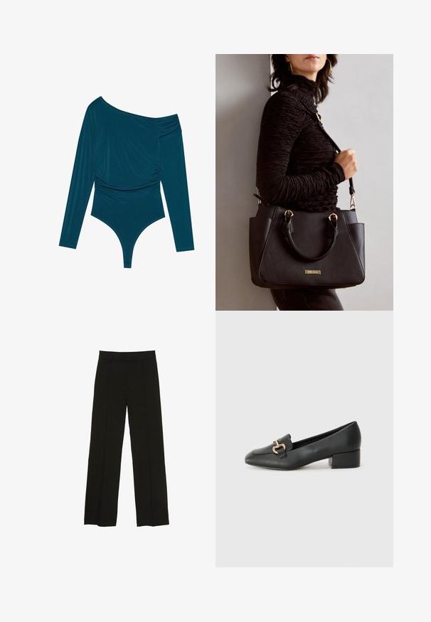 Tökéletes smaragd zöld, hosszú ujjú bodysuit egy vállra tervezett kivitelben, egyik oldalon gyűrődő textúrával, a másik oldalán sima felülettel. Az alján ibolyás fazonú.; Fekete, bő szárú nadrág sima anyagból, melynek kényelmes derékrésze és diszkrét elülső redők adnak extra textúrát.; Fekete bőr loaferek lapos talppal, dekoratív arany hardware részlettel az elején és sima felülettel.; Fekete kézitáska texturált felülettel, dupla felső fogantyúval és állítható vállpánttal. Arany színű fém kiegészítők és oldalsó zsebek találhatók rajta.