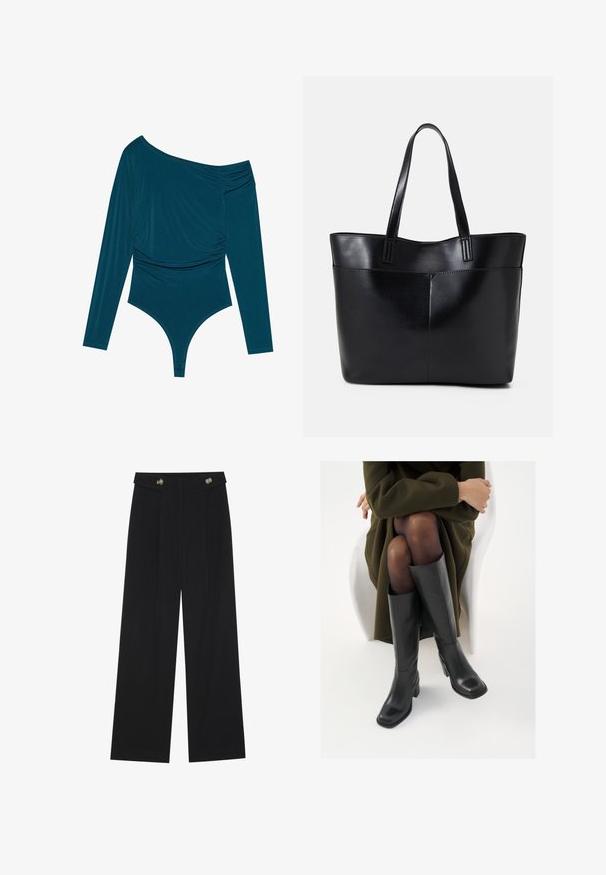 Teal pika kõrge varrukaga bodi, millel on ühesõlme disain, kogutud tekstuur ühel küljel ja sile viimistlus. Alumises osas on stringi lõige.; Mustad laiad püksid kõrge vöökoha ja nööpdetailidega vööandil, esikortsudega.; Knee-high mustad nahast saapad nelinurkse varbaga ja plokilise kontsaga, esitatud mudeli kõrval, kes istub oliivirohelises mantlis. Sujuv tekstuur, minimaalne detailide arv.; Must mustaga musta nahast, millel on kaks pikka kanda, sile tekstuur ja struktureeritud kuju. Esipoolsel on lisakoti jaoks tasku.