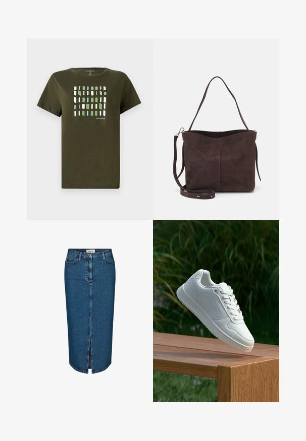 Alyvuogių spalvos medvilnės marškinėliai su mėlyna, žalia ir balta dėžutėlių raštu. Trumposiomis rankovėmis ir minkšta tekstūra.; Tamsiai mėlyna džinsinė pieštuko sijonas, turintis priekį įpjovą, penkis kišenes ir kontrastingą siuvimą. Vidutinio aukščio liemuo su klasikiniu dizainu.; Balti sneakeriai su lygia sintetine viršutine dalimi, perforuota pirštų zona, plokščiomis raištelėmis ir tekstūruotu padu, padėti ant medinės paviršiaus.; Ruda suede audinė su minkšta tekstūra, turinti vieną petį ir subtilų kreivinį viršutinį atidarymą. Matomų metalinių detalių nėra.