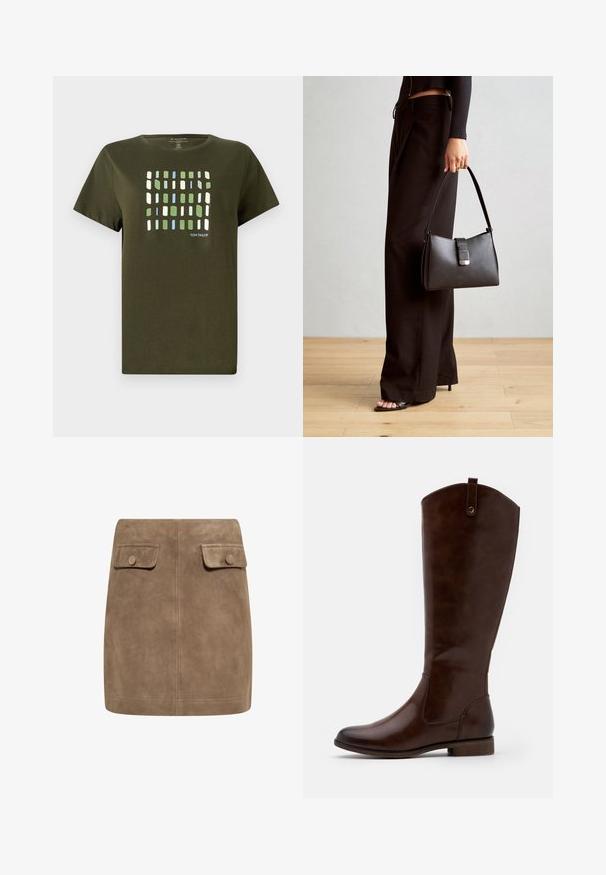 Olivovo zelené tričko vyrobené z bavlny, s mriežkovým vzorom z modrých, zelených a bielych obdĺžnikov. Krátke rukávy a mäkká textúra.; Hnedá semišová mini sukňa s hladkou textúrou, ktorá má dva predné vrecká s klopou a gombíkové zapínanie na každej strane. Jednoduchý, rovný dizajn.; Hnedé čižmy po kolená vyrobené z hladkej kože, s okrúhlou špičkou, nízkym zúženým podpätkom a jemným prešívaním pozdĺž strán.; Čierna kabelka so štruktúrovaným tvarom, hladkou textúrou a kovovou sponou. V kombinácii so širokými čiernymi nohavicami a sandálmi s otvorenou špičkou na drevenej podlahe.
