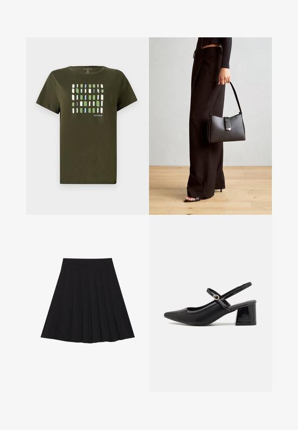 Olivengrøn T-shirt lavet af bomuld, med et rutenetmønster i blå, grønne og hvide rektangler. Korte ærmer og blød tekstur.; Sort plisseret nederdel lavet af struktureret stof med en tætsiddende talje. Faldende til knæ længde og har en glat, ren silhuet.; Sorte patentlæder slingback hæle med spids tå, rund udskæring og blokhæl. Har en guldtonet spændeaccents.; Sort håndtaske med struktureret form, glat overflade og metalspænde. Sammen med brede sorte bukser og sandaler med åben tå på trægulv.
