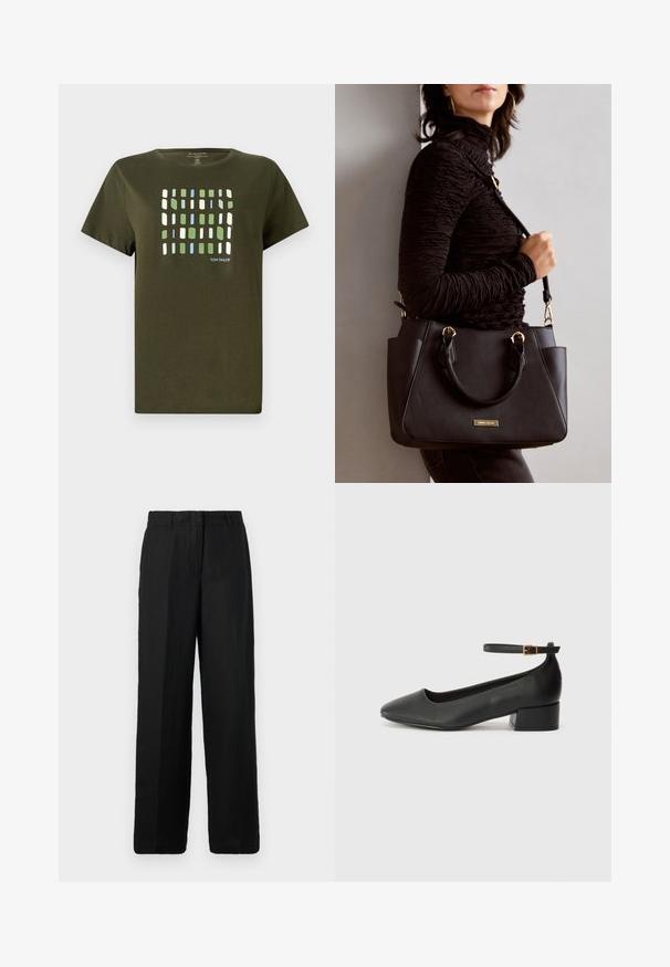 T-shirt verde oliva feito de algodão, com um padrão de grelha em retângulos azuis, verdes e brancos. Mangas curtas e textura suave.; Calças largas pretas feitas de um tecido leve. Apresentam uma frente lisa com passantes para cinto e bolsos laterais, proporcionando um ajuste relaxado.; Sandal de pele preta com bico pontiagudo e um salto bloco baixo. Apresenta uma tira no tornozelo com uma fivela em tom dourado. Textura suave.; Bolsa preta com superfície texturizada, alças superiores duplas e alça de ombro ajustável. Apresenta ferragens em tom dourado e bolsos laterais.