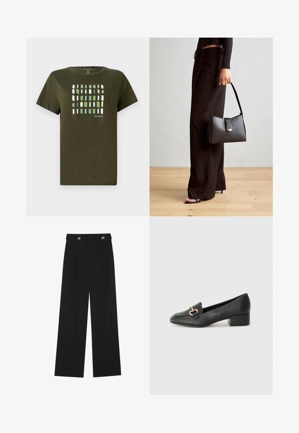 Alyvuogių spalvos medvilnės marškinėliai su mėlyna, žalia ir balta dėžutėlių raštu. Trumposiomis rankovėmis ir minkšta tekstūra.; Juodi plačios kojos kelnės su aukštu liemeniu, sagų detalėmis ant liemens ir priekinėmis raukšlėmis.; Juodi odiniai loaferiai su plokščiu kulnu, su dekoratyvia auksine detalės priekyje ir glotnia tekstūra.; Juodas rankinė struktūrizuota forma, lygi tekstūra ir metalinis užsegimas. Suporuota su plačiomis juodomis kelnėmis ir atvirais bateliais ant medinių grindų.