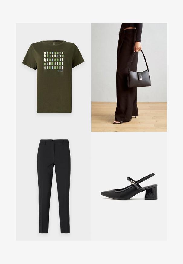 Oliwkowa koszulka z bawełny, ozdobiona wzorem kratki w niebieskie, zielone i białe prostokąty. Krótkie rękawy i miękka faktura.; Czarne dopasowane spodnie z gładkiego materiału, z klasycznym pasem, przednim zamkiem błyskawicznym i bocznymi kieszeniami, o eleganckim, dopasowanym kroju.; Czarne lakierowane czółenka na słupku ze spiczastym noskiem, lekko zaokrąglonym wycięciem i obcasem w kształcie bloku. Posiadają złotą klamrę jako akcent dekoracyjny.; Czarna torebka o usztywnionym kształcie, gładkiej fakturze i metalowym zapięciem. Połączona z szerokimi czarnymi spodniami i sandałami na otwartym palcu na drewnianej podłodze.