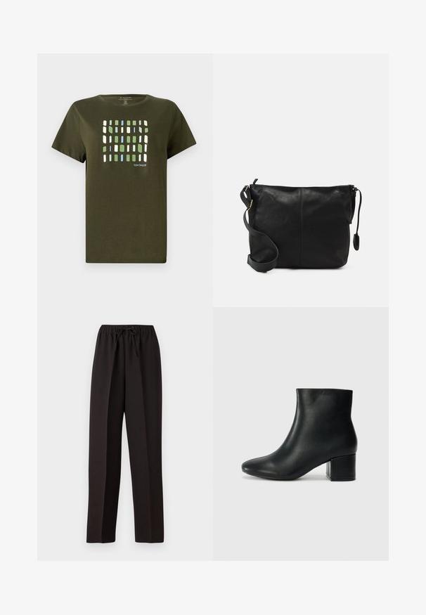 Olijfgroene T-shirt van katoen, met een ruitpatroon in blauwe, groene en witte rechthoeken. Korte mouwen en een zachte textuur.; Zwarte, wijde broek met een elastische tailleband en een verstelbaar trekkoord. Gemaakt van een gladde, lichte stof zonder zichtbare patronen.; Zwarte leren enkellaarzen met een spitse neus en een chunky hak. Gladde textuur met minimale accenten en een slank, strakk ontwerp.; Zwarte leren schoudertas met een platte vorm, gouden hardware-accenten en een verstelbare schouderband. Gladde textuur met minimale stikdetails.